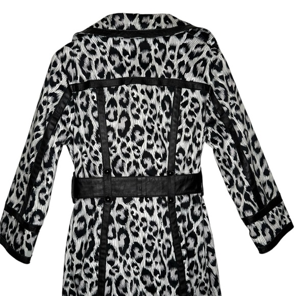 Arden B. Leather Trim Leopard Animal Print Belted Trench Coat Size L Black White - Picture 8 of 15